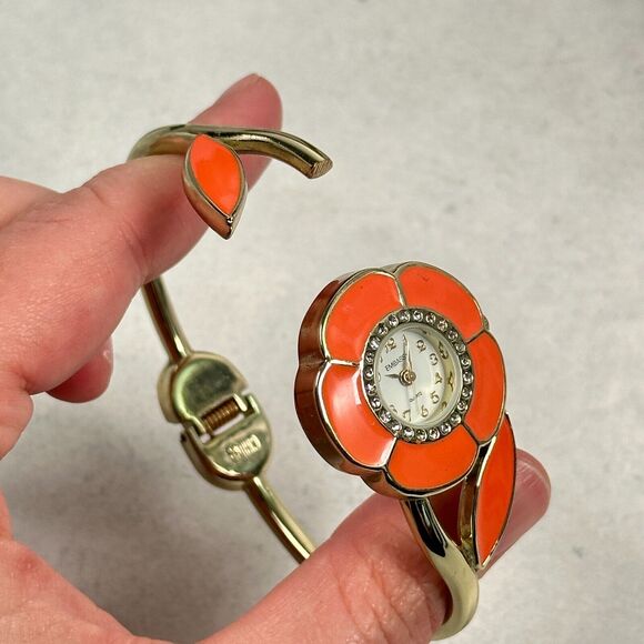 Embassy Watch Womens 29mm Flower Orange Enamel Pave Bezel Clamper New Battery - Picture 7 of 11